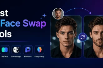 Best AI Face Swap Tools banner with AI-powered face transformation examples and modern app interface design