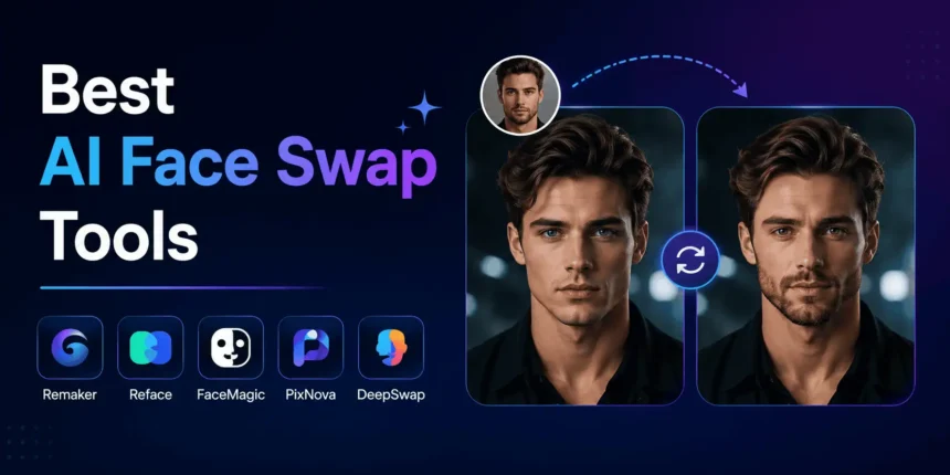 Best AI Face Swap Tools banner with AI-powered face transformation examples and modern app interface design