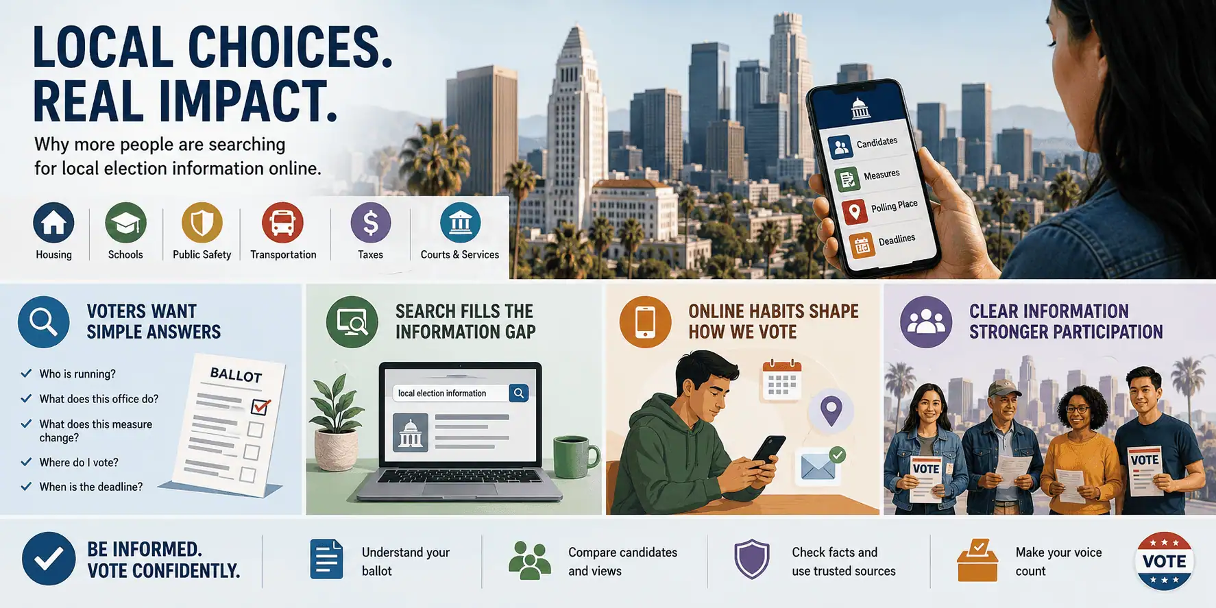 Infographic showing Los Angeles voters using online resources to research local elections, ballot measures, candidates, and voting information.