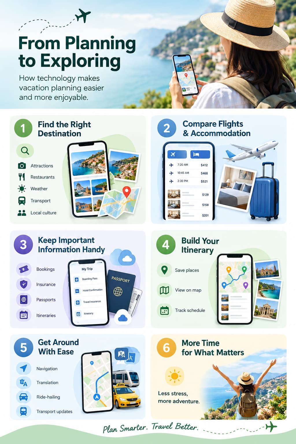 How Technology Makes Vacation Planning Easier and Stress-Free Infographic showing how technology simplifies vacation planning, from booking flights and organizing travel documents to navigation and itinerary planning.