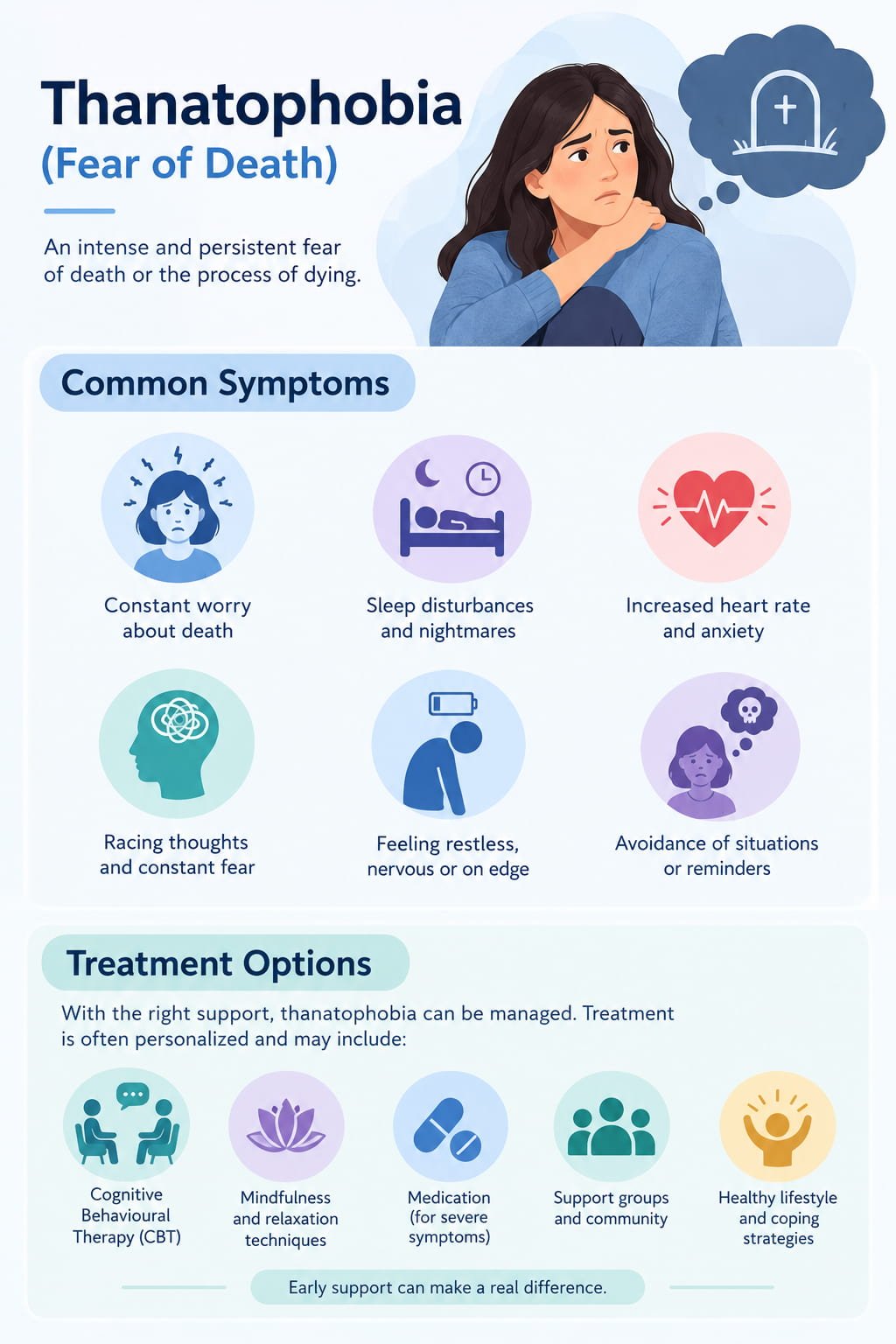 Understanding Thanatophobia - The Fear of Death, Symptoms & Treatments Thanatophobia infographic explaining fear of death, common symptoms, and treatment options including CBT, mindfulness, and support groups.